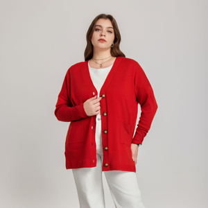 <strong>Women</strong> Winter Clothes 2026 Knit <strong>Cardigan</strong> in <strong>Red</strong> Button Closure with Side Slits and V Neck Functional Pockets for Wholesale - Product Image 1