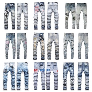 AM Foreign Trade Slim-fit Stretchy Spring Splicing Cotton Elastic Embroidery Collar <strong>Label</strong> Ripped Printed England Men's <strong>Jeans</strong> - Product Image 2