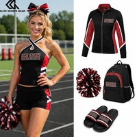Ensemble de survêtement personnalisé par sublimation (débardeur et short), sac à pompons de cheerleading, pantoufles, logo d'équipe color-block, tenues d'échauffement pour cheerleading