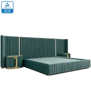 2023 new factory high end bed room furniture bedroom set dark green velvet high frame profile king size bed frame luxury bed