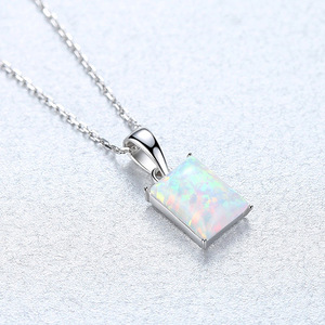 S925 Silver Blue Opal Pendant Necklace Rhodium Plated Claw Setting Square Classic Style Unisex Everyday Wear <b>Box</b> Chain - Product Image 6
