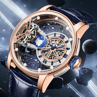 Montre-bracelet automatique mécanique pour homme en or rose, cadran squelette ciel étoilé, phases de lune et de la Terre, montre de luxe pour homme