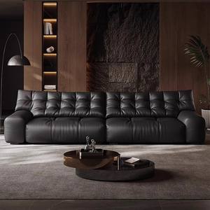 أريكة فاخرة على شكل سحابة من الجلد الطبيعي الفاخر بلون التوت الأسود العميق لعام 2026، تصميم خطي مدمج بثلاثة مقاعد لغرفة المعيشة الصغيرة - Product Image 3
