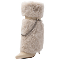 Bottes hautes en fourrure pelucheuse pour femmes, taille 47, talons hauts, chaîne métallique, bottes d'hiver fourrées, chaussures de neige