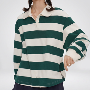 Polo à manches longues rayé pour femme, tricoté, 100% coton, motif vert et blanc, à porter en hiver, en été et au printemps - Product Image 1