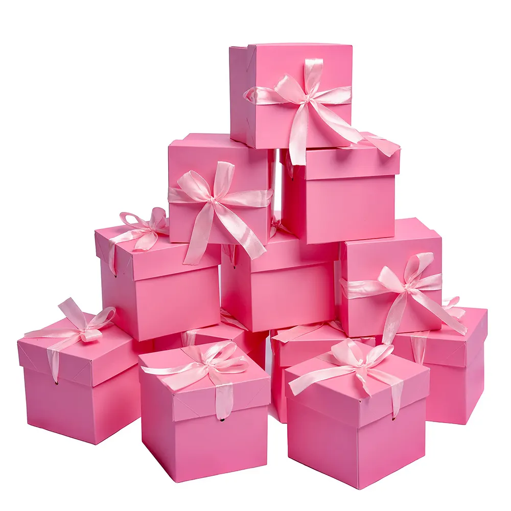 Grosir kotak pembungkus persegi lipat kustom kotak hadiah Kraft merah muda kemasan Hari Valentine dengan tutup
