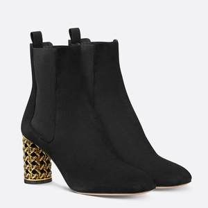 Solid Sexy High Round Heels Women Square Toe Suede Ankle <b>Boots</b> Gold Cut Out Chunky Stiletto Shoes Stretchy Upper Short - Product Image 5