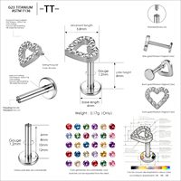Clous d'oreilles en titane TT ASTM F136 en forme de cœur avec zircone, bijoux de piercing corporel romantiques de type labret en titane G23 de qualité implantable