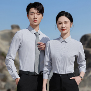 Blue Striped Professional Shirt Unisex Short Sleeve Anti-Wrinkle Poplin Business Formal Wear 4S Store Uniform - Product Image 4