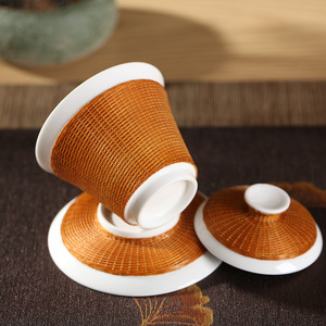Handmade Bamboo Woven Gaiwan Three Piece Set Dehua White Porcelain Tea Bowl With Lid Traditional Kung Fu Tea Set - Product Image 4