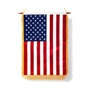 家居装饰缎面装饰和木制吊杆18x 12英寸定制美国墙壁横幅教室悬挂三角旗
