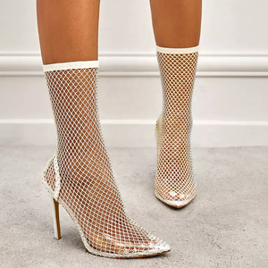รองเท้าบูทสั้นลายเสือดาวตาข่ายสีใหม่สำหรับฤดูใบไม้ร่วง ผู้หญิงสั่งทำพิเศษ รองเท้าบูทหุ้มข้อปลายแหลมเซ็กซี่ ส้นสูงมาก - Product Image 3