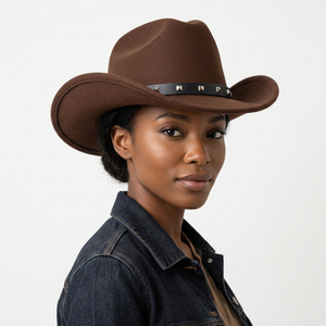 Classic Western Style Felt <b>Hat</b> with Decorative <b>Band</b> and Wide Curved Brim - Product Image 4