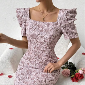 Jacquard de poliéster tejido con telas de patrón elevado texturizadas en 3D para hacer Vestido de manga corta abullonada de Jacquard Frenchy para mujer - Product Image 1