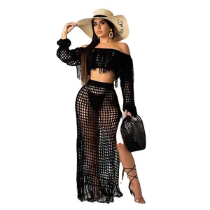 Fashion women sexy sheer mesh hollow out knit crochet cover up beach