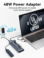 Hub USB-C 10 ports, station d'accueil 10 Gbps, 5 USB-A, 5 USB-C avec interrupteurs individuels, 48 W, alliage d'aluminium, en stock