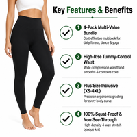 Lot de 4 leggings de yoga et de danse noirs, taille haute, longueur intégrale, effet ventre plat, en tissu personnalisé, grande taille, pour entraînement et gym
