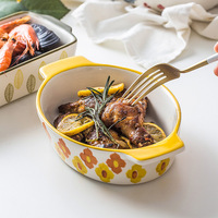 Piring Panggang Keramik Oval Dalam dengan Pegangan, Aman untuk Microwave dan Oven, Grosir, Peralatan Makan Vintage Floral Bohemian untuk Restoran