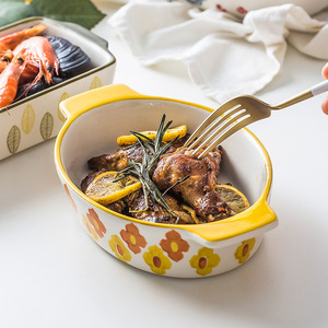 <span class=keywords><strong>Plat</strong></span> de cuisson ovale en céramique à fond profond avec poignées, compatible micro-ondes et four, vaisselle vintage florale bohème pour restaurant, vente en gros - Product Image 2