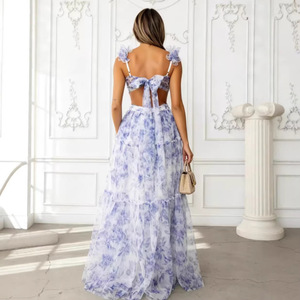 Vestido de Noche de Organza con Estampado Floral y Hombros Descubiertos, Cintura Imperio, Capa Transparente Larga, Vestido de Moda para Mujer - Product Image 3