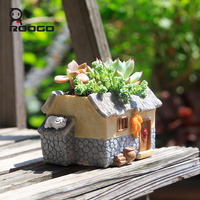Mini-jardinière en résine Roogo style rustique avec trou de drainage, en forme de maison de campagne, artisanat, petit pot de plante, décoration de bureau et de jardin