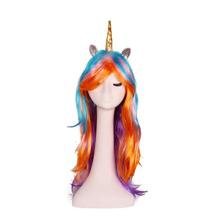 Costumes d'Halloween Accessoires de cheveux de fête Perruque Cosplay Licorne Queue de cheval arc-en-ciel Cheveux longs et bouclés