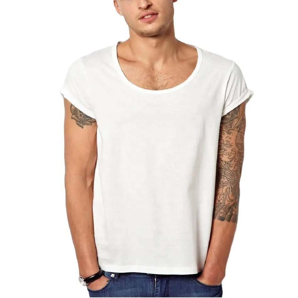 Scoop neck t shirt with rolled sleeves for Men trendy fashionable latest design t shirt 100% cotton men tee shirt