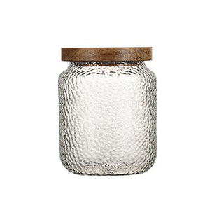 Frascos de vidrio martillado con tapa de madera, redondos, tamaño S, transparentes, para té, café y especias - Product Image 3