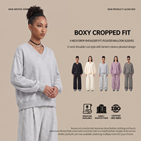 Sweat-shirt court pour femme à col en V, manches longues bouffantes style lanterne, froncé, décontracté, coupe carrée, rétro, élégant et chic