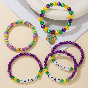 Mardi Gras <b>Beaded</b> <b>Bracelet</b> Set Colorful Party Jewelry With Jester Charm Unisex Fashion Accessory - Product Image 3