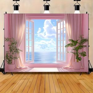 Encantador verano Tropical flor tapiz ventana vista escénica cielo azul y nubes blancas océano mar pared colgante naturaleza en Stock - Product Image 6