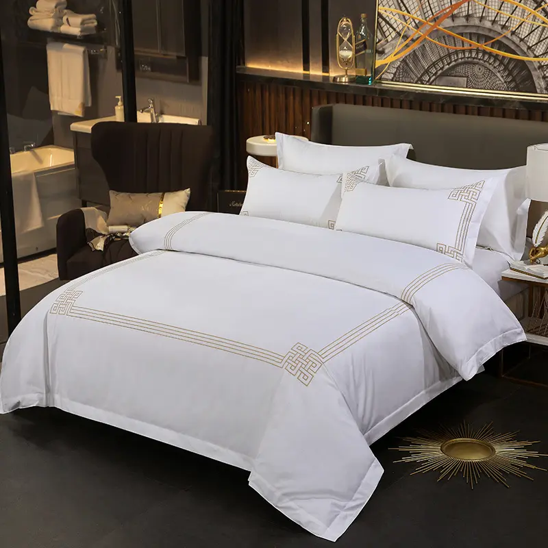 ชุดเครื่องนอนโรงแรม5ดาว400Tc เตียงคู่ควีนเตียงขนาดคิงไซส์ผ้าลินินผ้าฝ้าย100% โรงแรมติดตั้งผ้าปูที่นอนผ้าลินินโรงแรม