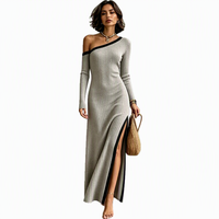 Nouvelle Robe Fourreau Tricotée Femme Tendance Automne 2026, Color Block, Épaules Dénudées, Manches Longues, Fendue, Taille Cintrée, Élégante, Meilleure Vente