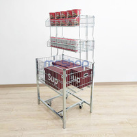 Table promotionnelle portable à 3 niveaux, style moderne, avec mini-bacs de présentation en fil d'acier zingué et roulettes détachables