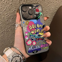 Coque de téléphone tendance avec design graffiti d'aliens pour iPhone 16 15 Pro Max 14 13, couleur IMD argentée, dos rigide antichoc