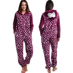 Custom Women's onesie Pajamas Ladies Christmas onesie for women Home wear Ladies one piece Pajamas Owl Embroider on Hood
