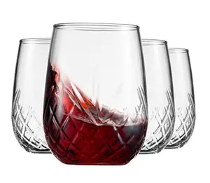 Wine Glasses Stemless Goblet Beverage Cups, Hand Cut Whiskey Glass - Dublin Collection, 16oz, Set of 4