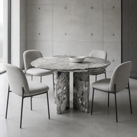 Table à manger ronde double couche en marbre gris Oreo naturel, style moderne et luxueux, avec base croisée entrelacée, pour usage hôtelier