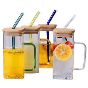 Gobelet en verre carré moderne avec couvercle en bambou et paille réutilisable 400 ml, compatible micro-ondes, couleurs personnalisables, logo personnalisé, pour toutes les saisons - Product Image 2