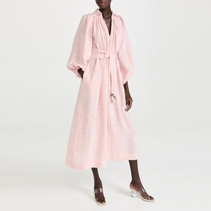 Cotone lino cravatta fiocchino manica lunga <span class=keywords><strong>a</strong></span> <span class=keywords><strong>palloncino</strong></span> Plus Size <span class=keywords><strong>abito</strong></span> Midi - Product Image 1