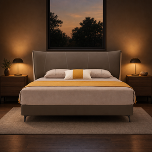 Cabecera de Cama Contemporánea con Diseño de Ala, Acolchada en Cuero con Costuras Verticales, Estructura de Plataforma con Patas de Metal, Tamaño King, para Recámara Principal - Product Image 2