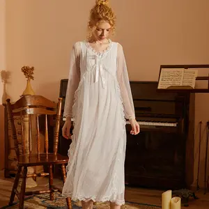 봄과 가을 새로운 단색 요정 분위기 느낌 활 레이스 메쉬 긴 소매 잠옷 원피스 홈웨어 여성 잠옷