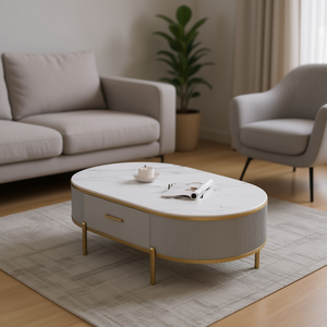 Table basse moderne blanche/dorée avec tiroir, plateau en pierre frittée, base blanche/grise, modèle D0100H7BS62 - Product Image 2