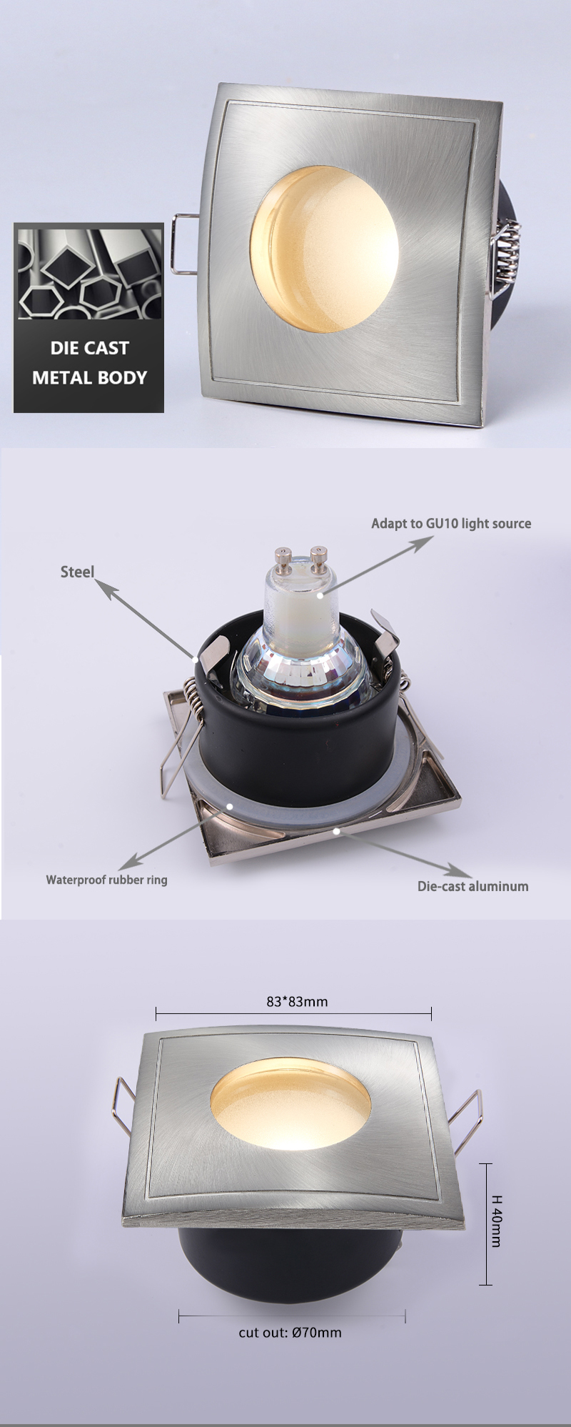 Bathroom Square Waterproof IP65 Downlight 50000 Life Span 2 Year Warranty