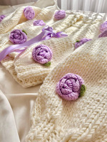 Cardigan d'hiver en tricot à manches longues avec nœud rose épais et court avec crochet brodé de fleurs pour femmes