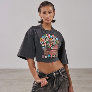 Crop <b>Top</b> T-Shirt With Colorful <b>Patchwork</b> Print Round Neck Short Sleeve Casual Style For Women - Product Image 1