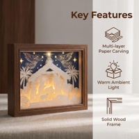 Crèche en papier 3D sculpté, lumière de nuit LED, cadre en bois, cadeau de Noël chrétien