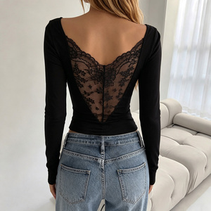 Haut polyvalent à manches longues, coupe ajustée, sexy, dos ouvert, avec dentelle, patchwork et découpes à volants, style boîte de nuit, pour un look séduisant et tendance - Product Image 5