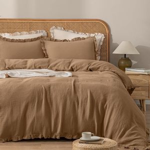 Exquisito juego de <span class=keywords><strong>funda</strong></span> nórdica de muselina de algodón 100% de 3 piezas, ribete marrón con volantes, ligero, transpirable para dormitorio, ropa de cama opulenta - Product Image 1
