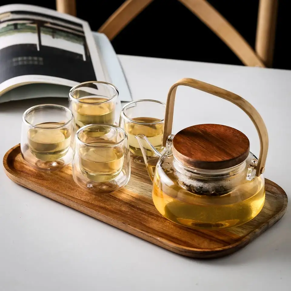 household heat-resistant flower tea making teapot set filter tea pot solid wood tray kettle